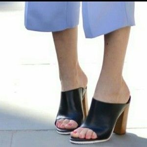 Tibi Bee Black Leather Mules Slides Sandals 37 / 7